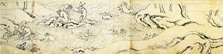 谷川で水遊びをする兎、猿、鹿を描く.jpg